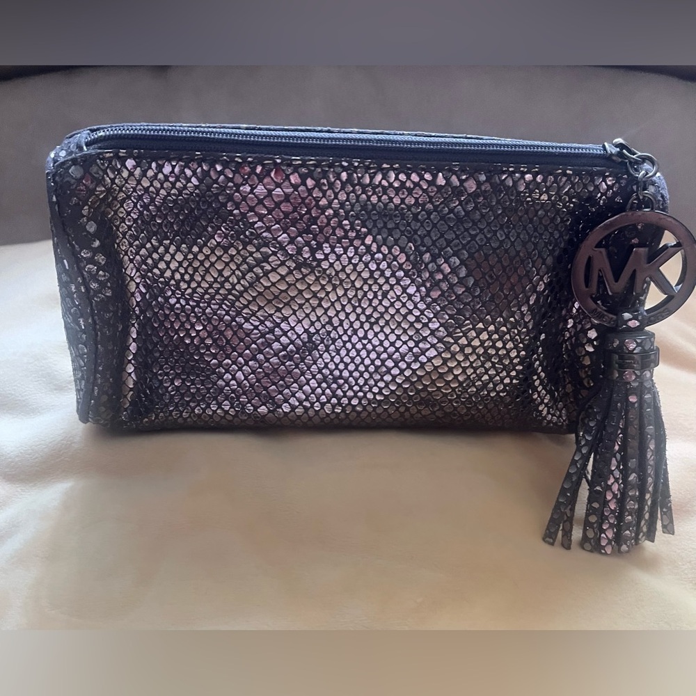 Michael Kors grey metallic faux snake skin design make up bag .